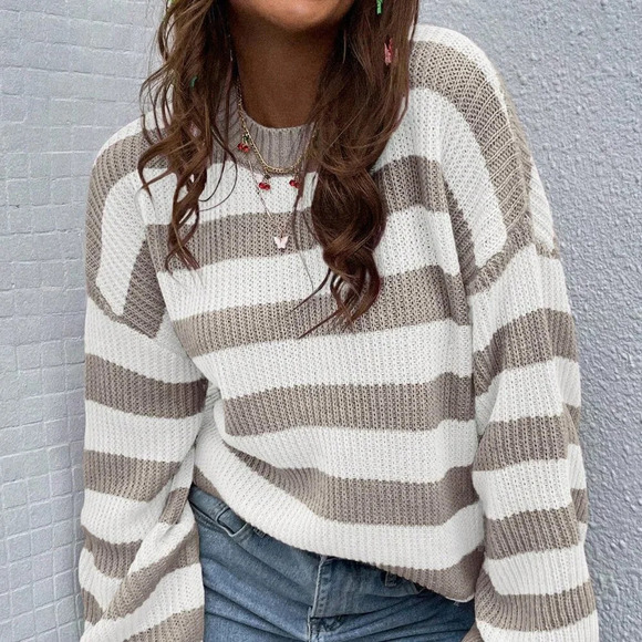 Multicolor Casual Women's Striped Pattern Drop Shoulder Sweater - Picture 8 of 8